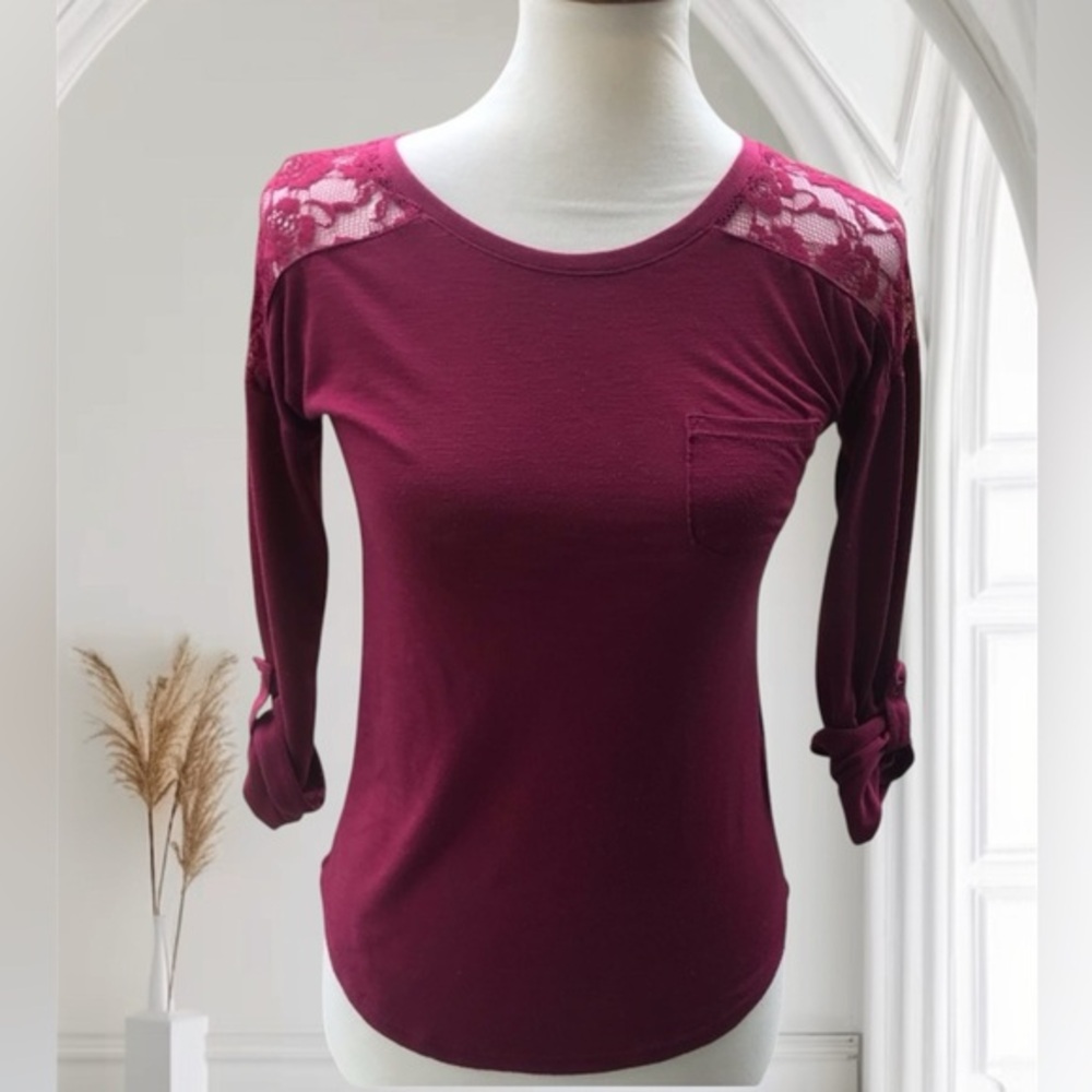 Women's Burgundy Lace Shoulder Top